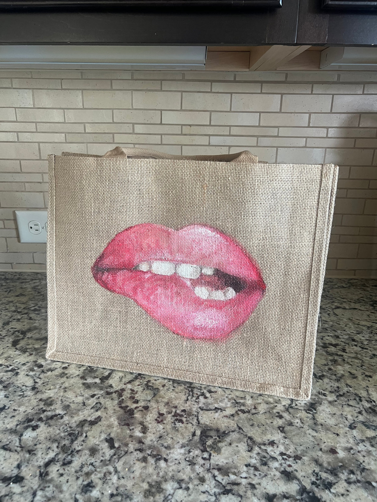 Original burlap Tote bag “lips “