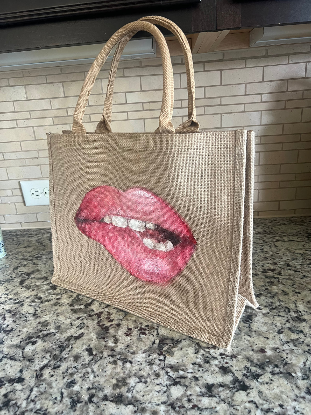 Original burlap Tote bag “lips “